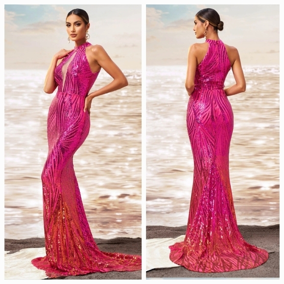 Pink Sequin Backless Halter Gown - Picture 2 of 12